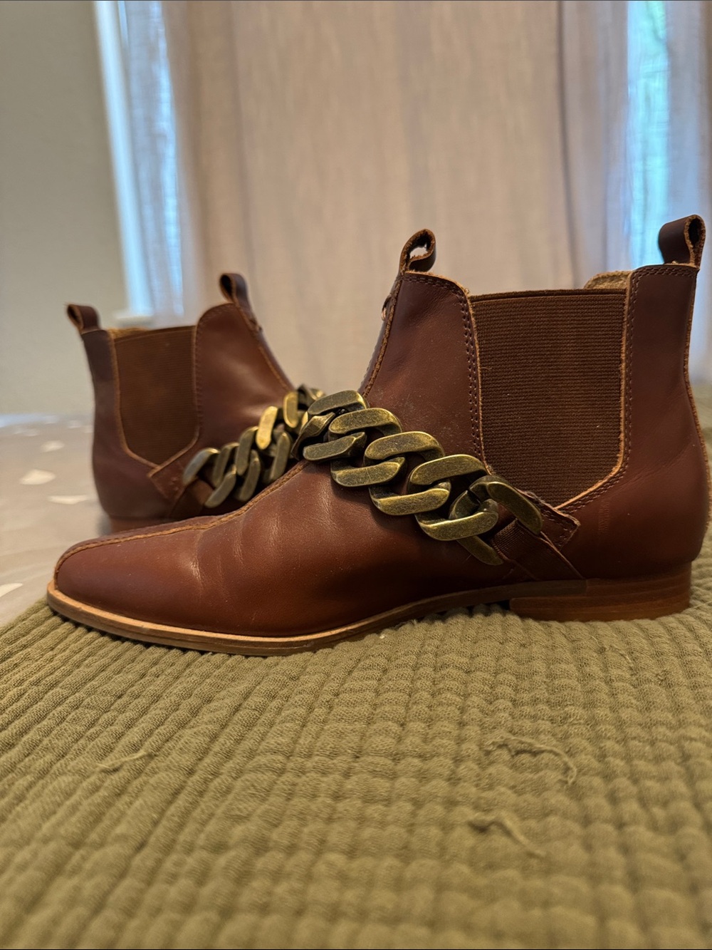 Kelsi Dagger Brown Leather Chelsea Booties with Decorative Chain